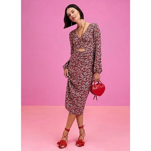 New Floral Print Chiffon Halter Neck Long Sleeve Front Cut-Out Midi Dress - Picture 1 of 5